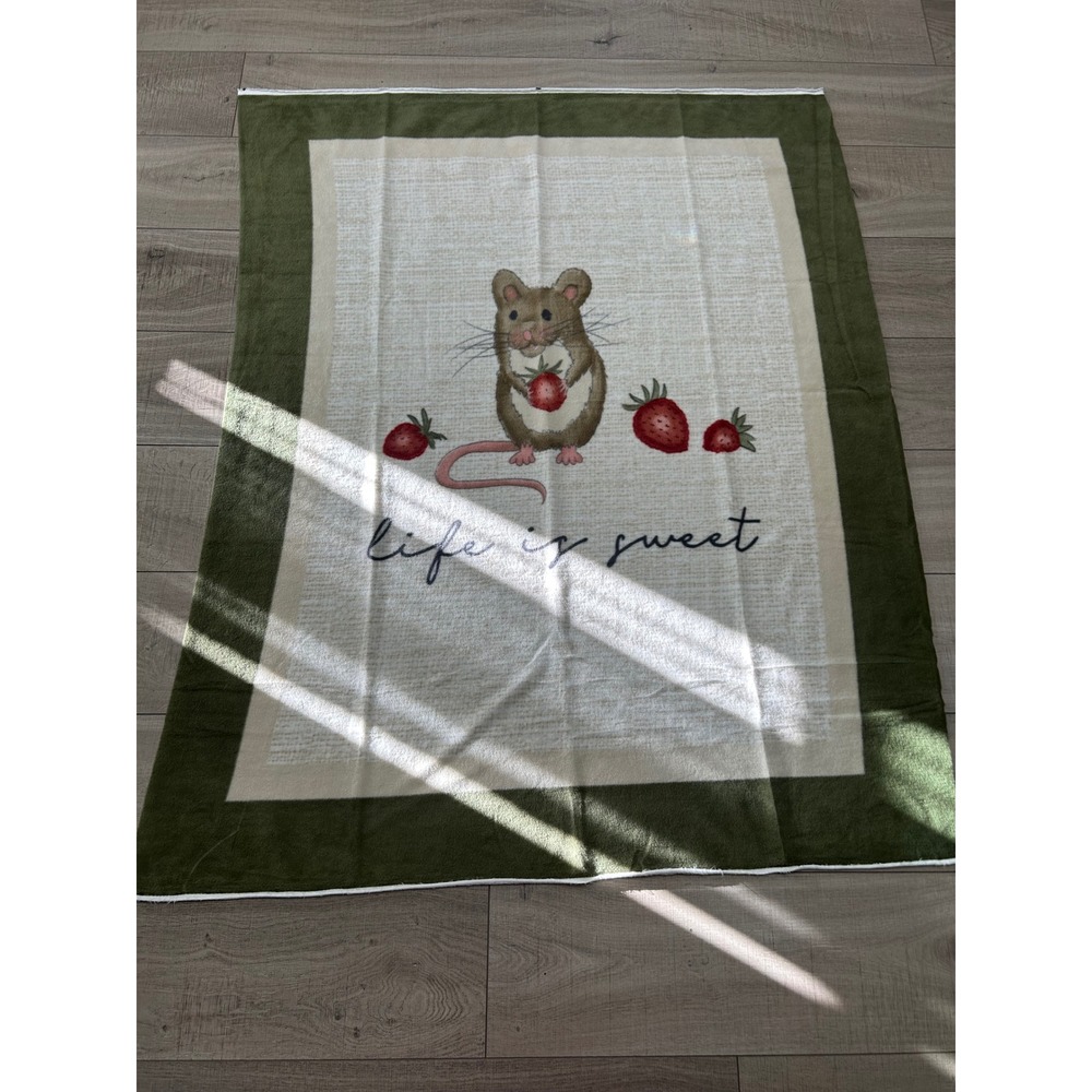 Life is Sweet Mouse Strawberry Fleece Throw Blanket Olive‎ Green Cream 49x63